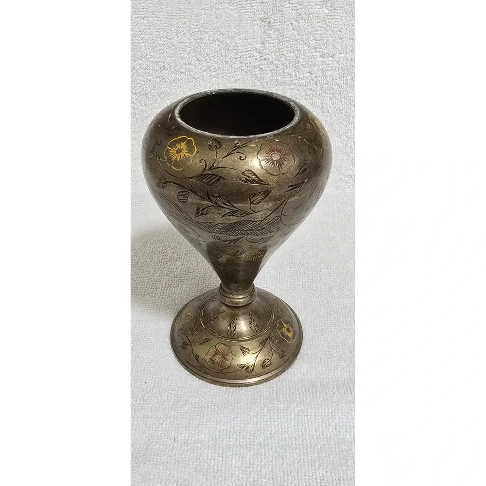 Vintage Hand Etched Solid Brass Pedestal Bud Vase Peacock Floral India‎ 5